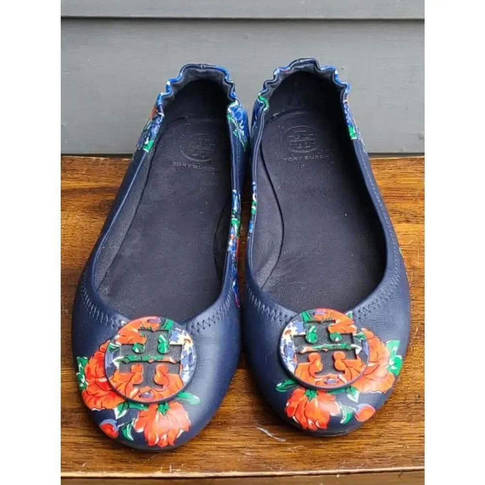 Tory Burch Navy and Red Floral Leather Ballet Flats size 8